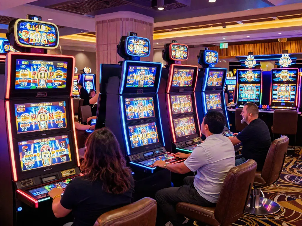 Erlebnis im Hotslots Casino mit lebhaften Spielautomaten und jubelnden Spielern in festlicher Atmosphäre.