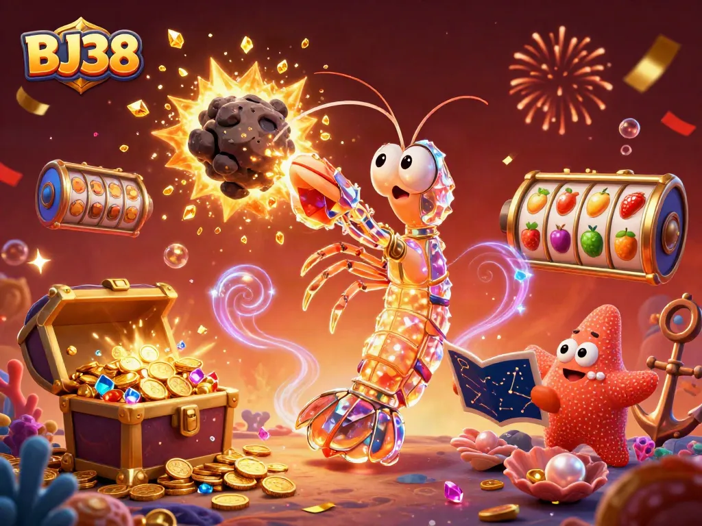 Engage in thrilling casino luck with BJ38 as cartoon characters explode asteroids into gems and coins.