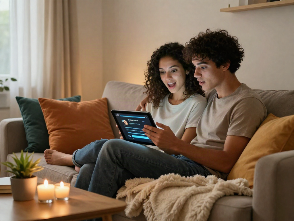 Couple engaging in sex AI chat on a tablet in a cozy room.