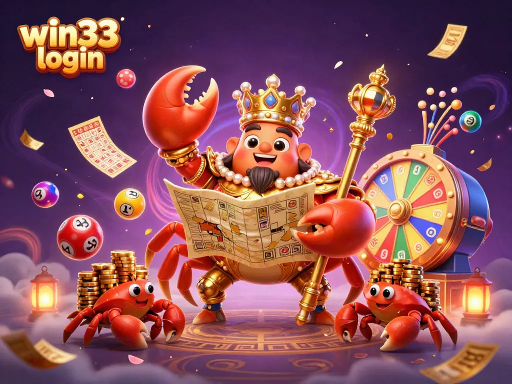Experience seamless fun with win33 login, featuring an emperor crab and vibrant gaming elements in a rich casino scene.