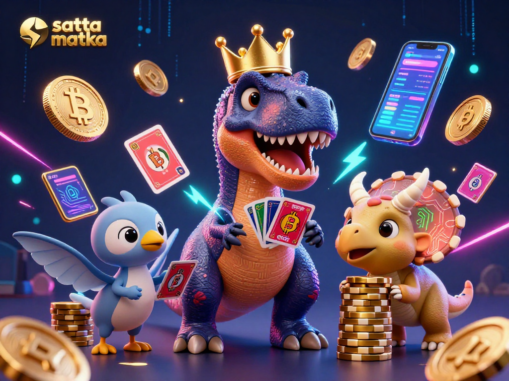 Engage in the vibrant world of satta matka as cartoon dinosaurs play casino games with crypto coins.