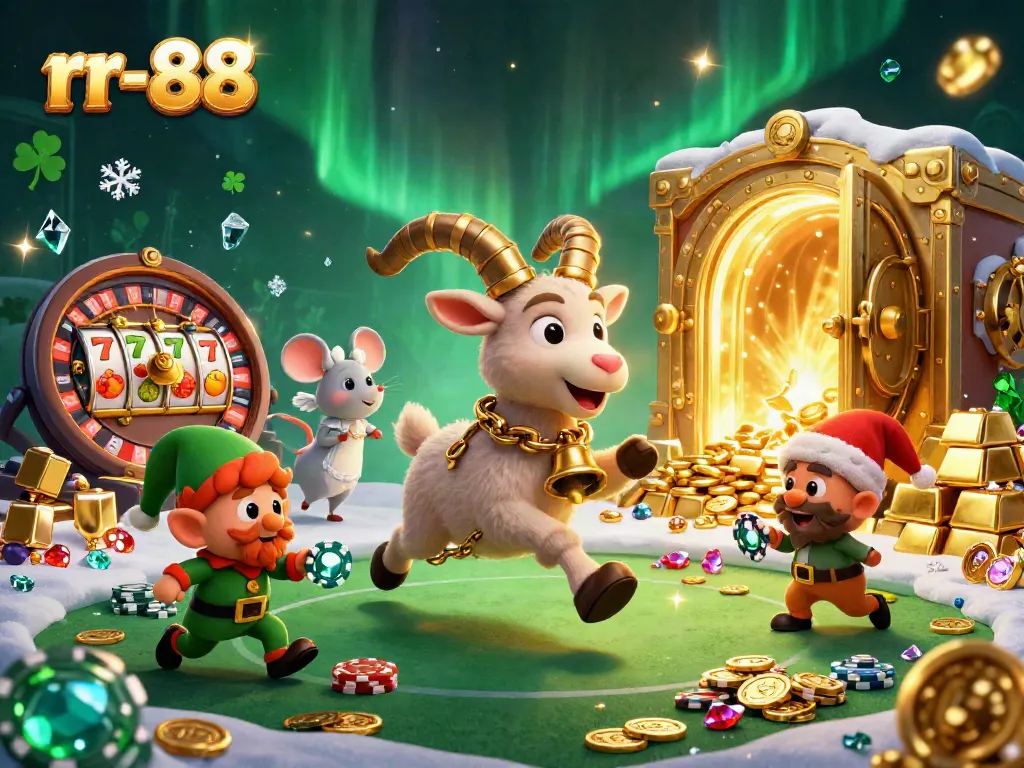 Experience the thrilling rr-88 casino atmosphere with festive characters and vibrant slot game elements in 3D.