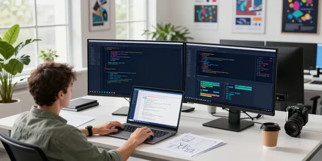 The A80 website development workspace featuring a developer engaging with code and modern technology.