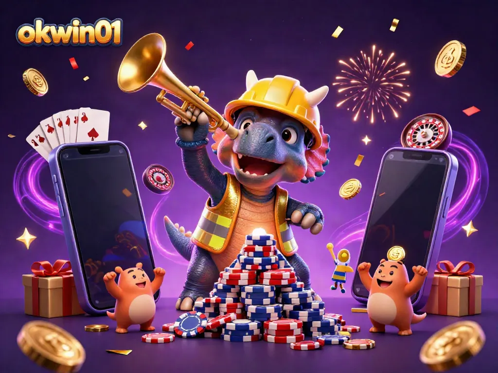 Celebrate your wins at okwin01 with an exciting 3D illustration depicting playful dinosaurs in a casino setting.