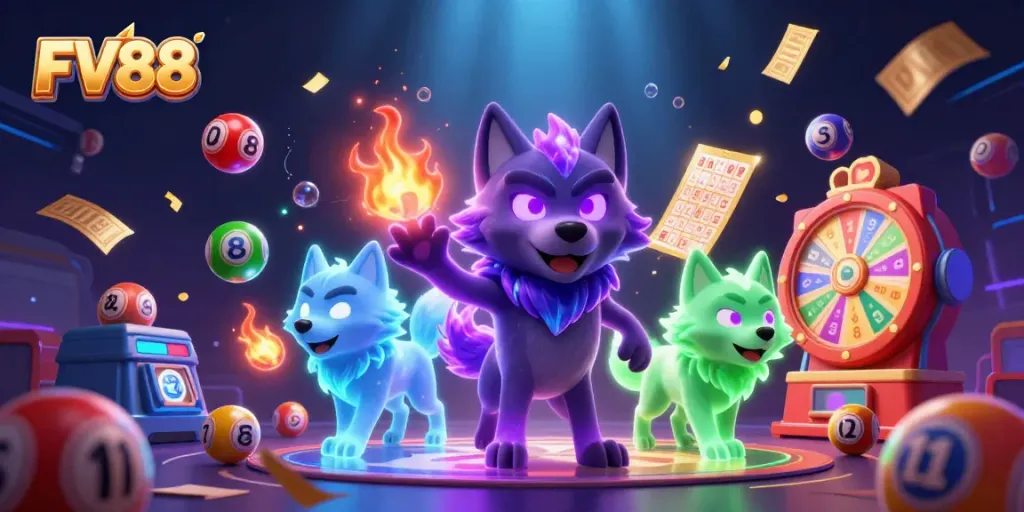 Experience the thrilling adventure of FV88 with vibrant casino elements and ghostly wolves.