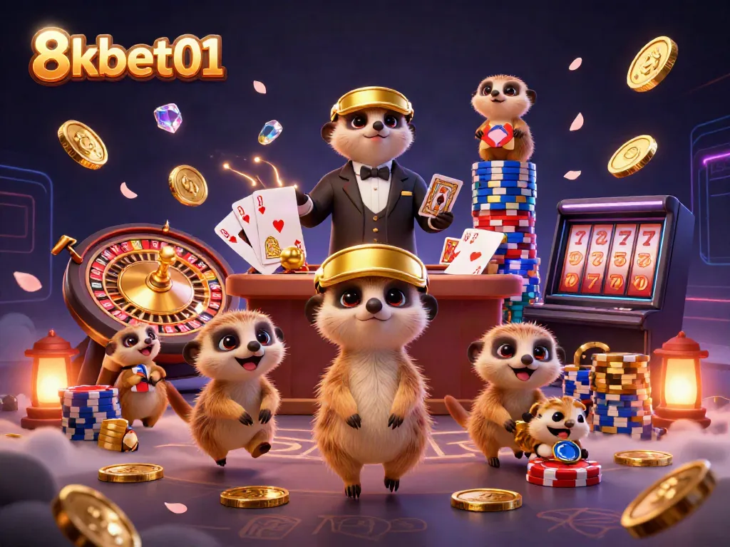 Meerkats operating a vibrant casino scene with dynamic games at 8kbet01, including roulette and slot elements.