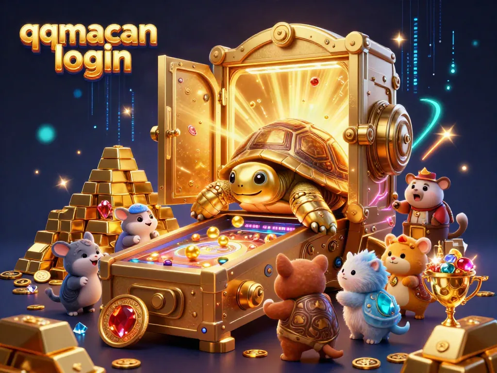 Engage with the vibrant qqmacan login scene featuring a gold tortoise pinball machine surrounded by treasure and playful animals.