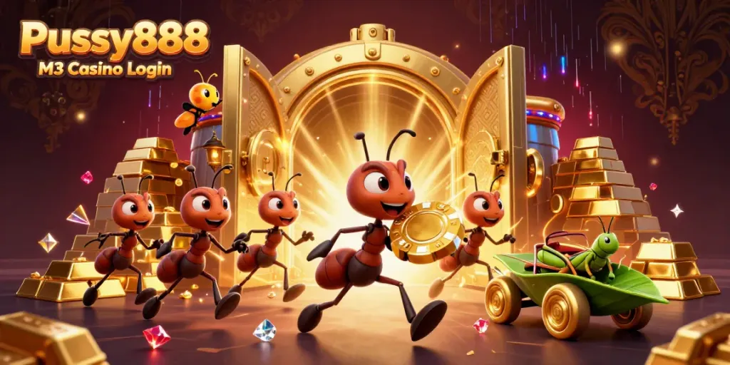 Engage with Pussy888 M3 Casino Login as cartoon ants steal a giant poker chip, surrounded by treasures.