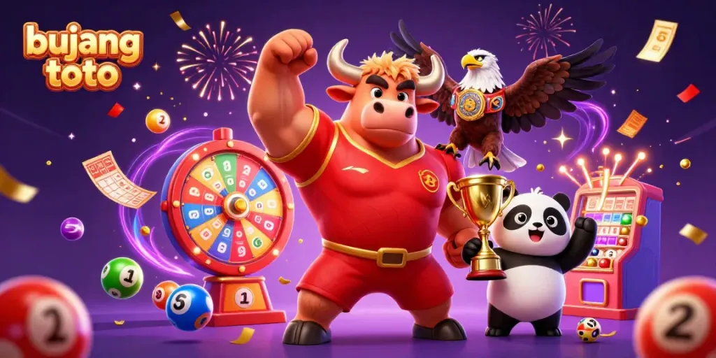 Engaging scene of bujang toto with a muscular bull and eagle celebrating wins amidst vibrant lottery elements.