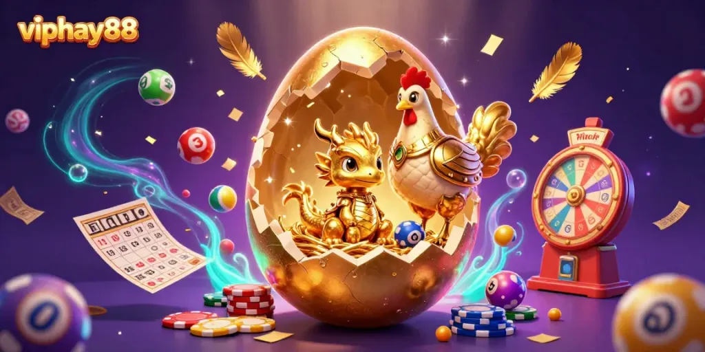 Engage with viphay88 through a colorful and dynamic illustration of a baby dragon made of crystallized gold amidst casino elements.