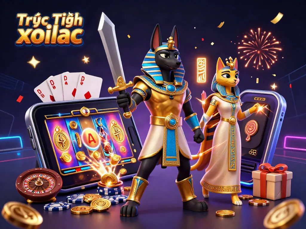Experience Trực Tiếp xoilac with Anubis and Bastet in a vibrant, dynamic casino scene.