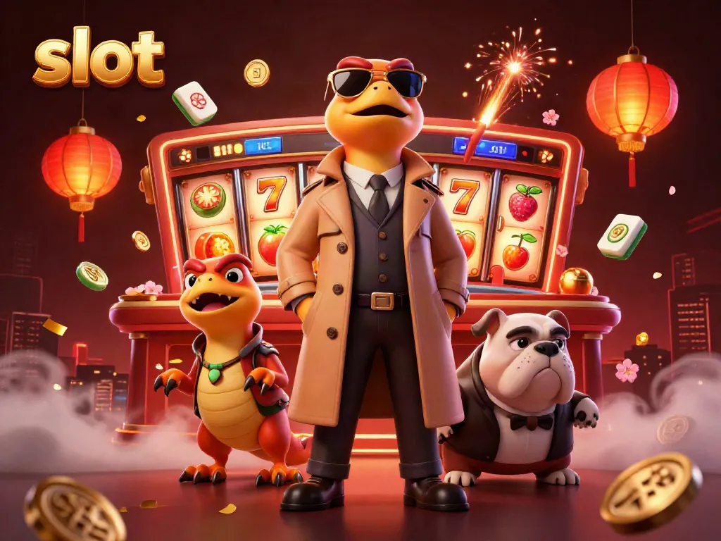 Enter the slot VIP zone with raptors in disguise and a bouncer, amidst vibrant casino elements.