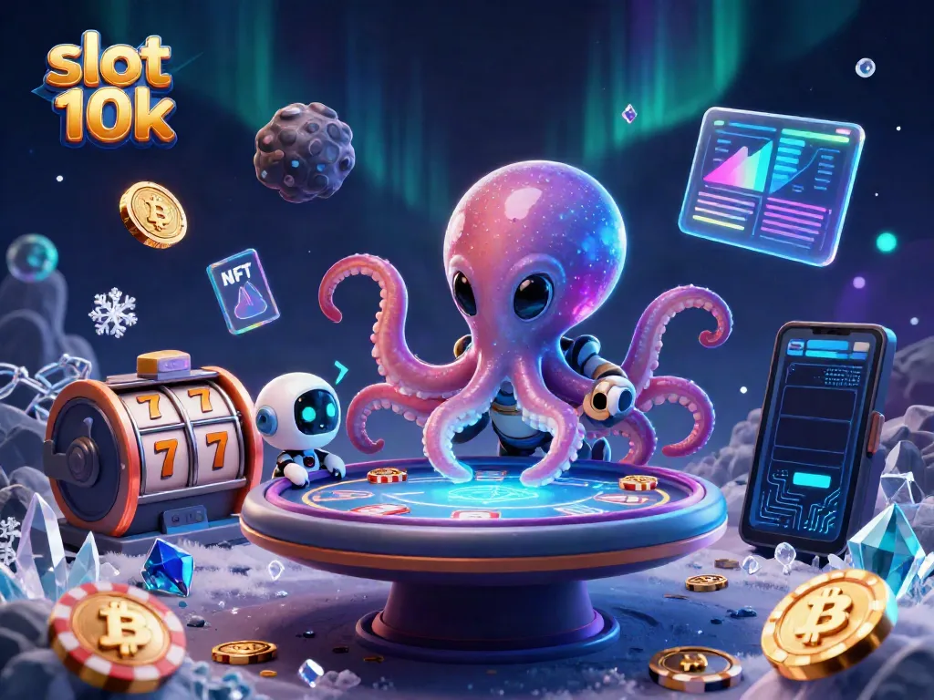 Spin the reels on slot 10k with a vibrant 3D scene featuring an alien octopus and crypto tokens.