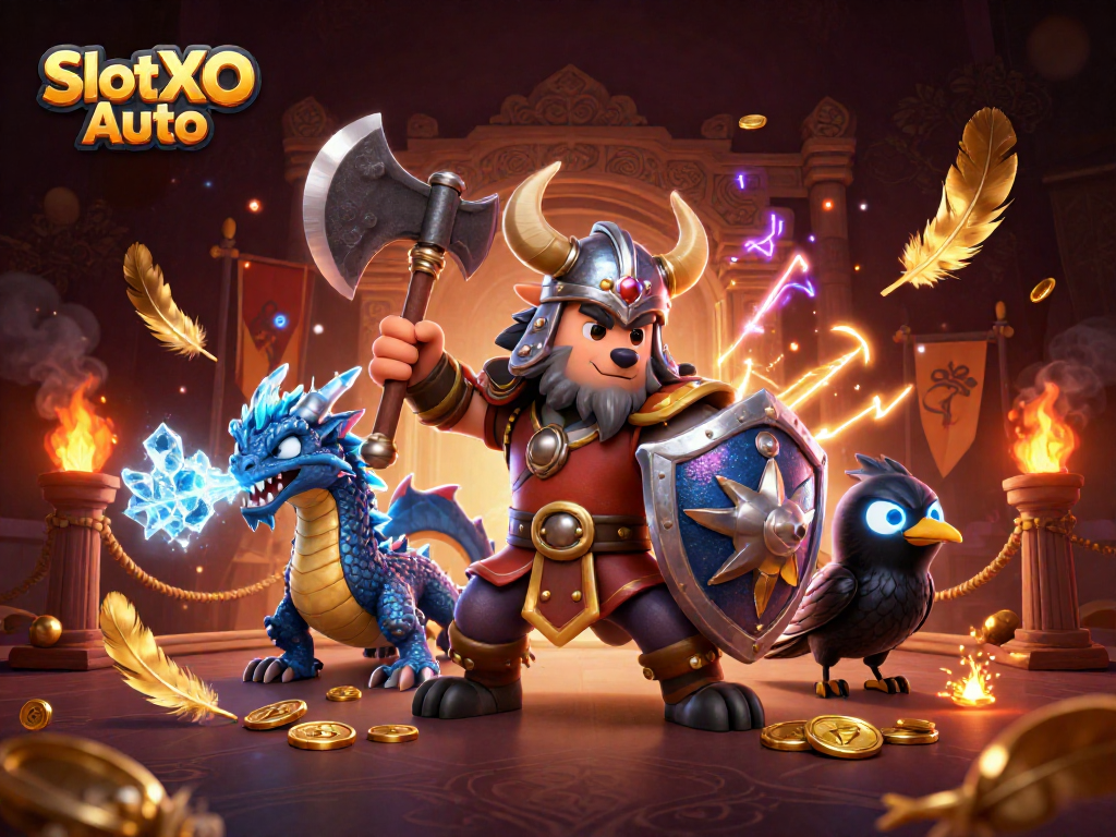 เล่นเกม SlotXO Auto ด้วยภาพปลากรเลนที่มีมังกรน้ำแข็งและนกคุ้มที่มีตาสีฟ้าหมุนรอบ
