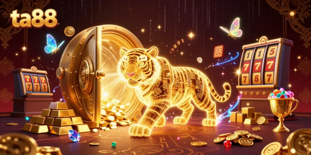 Experience exciting gameplay at ta88 with a vibrant casino scene featuring a golden tiger and dazzling treasures.