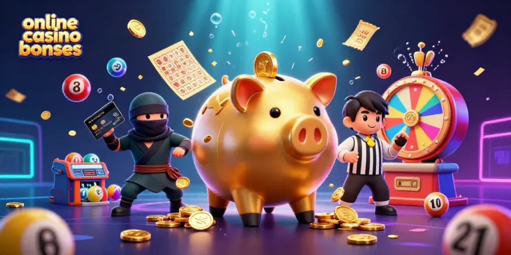 Engaging scene showcasing online casino bonuses with a golden piggy bank sumo wrestler amid dynamic lottery elements in 3D.