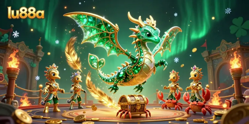 Experience thrilling wins at lu88a with an adventurous dragon and treasures in a vibrant casino scene.