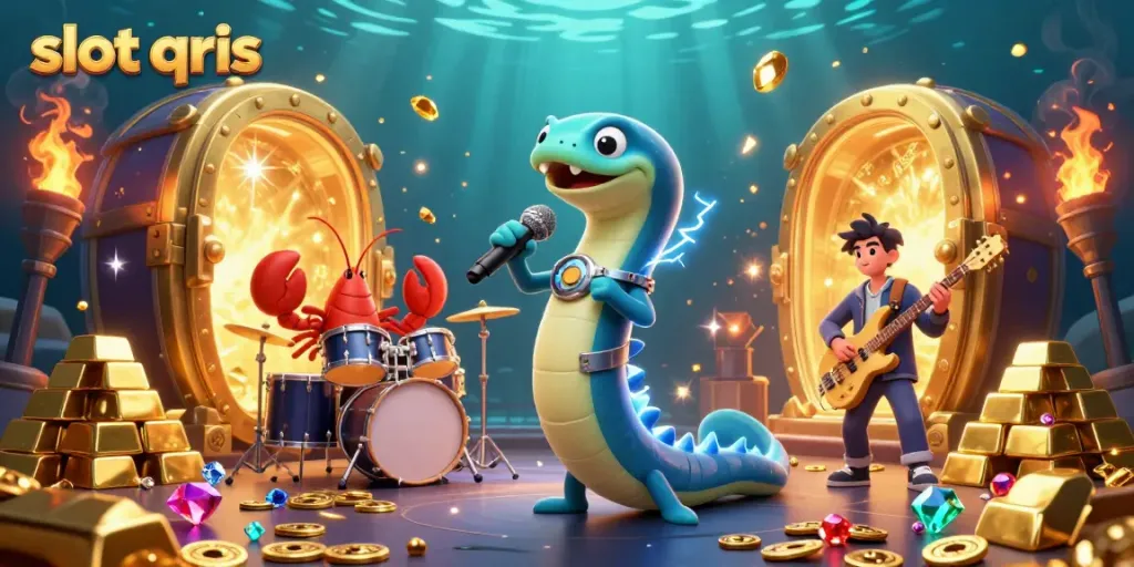 Watch the electric eel, lobster drummer, and seahorse guitarist perform in a vibrant slot qris underwater casino scene