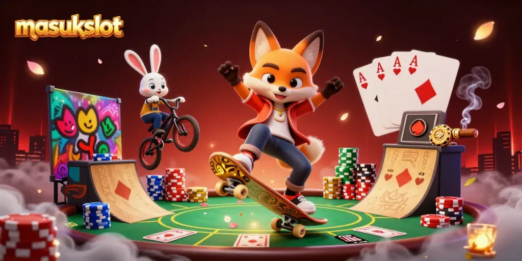 Masukslot menyajikan ilustrasi 3D dengan karakter rubah skateboard dan kelinci BMX di atmosfer kasino yang ceria.