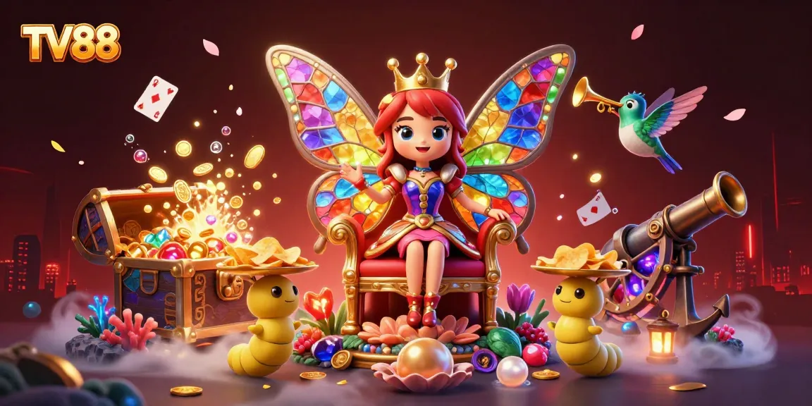 Experience the thrilling world of TV88 with a vibrant butterfly queen and her treasure-filled scene.