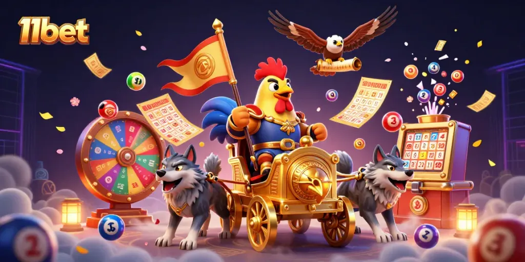 Engage with 11bet's thrilling gaming world through a dynamic, colorful 3D casino illustration.