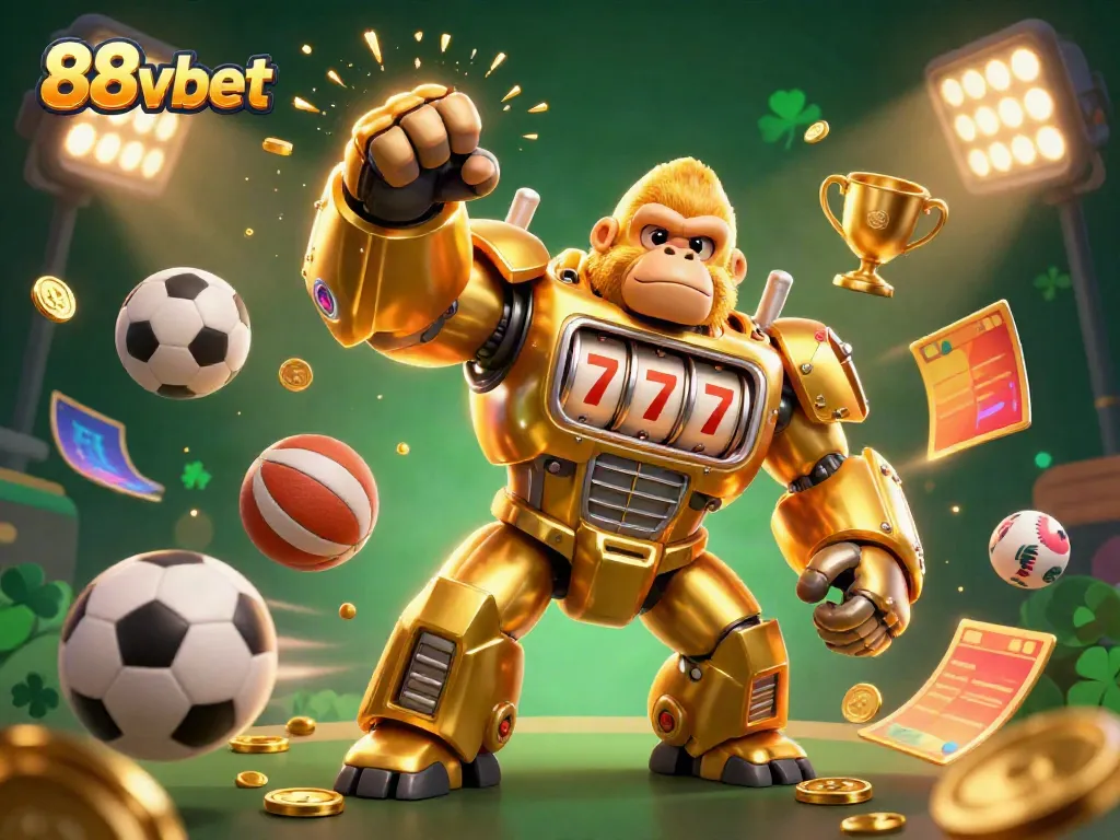 Experience the excitement of 88vbet with a dynamic scene of a golden gorilla mech and sports elements.