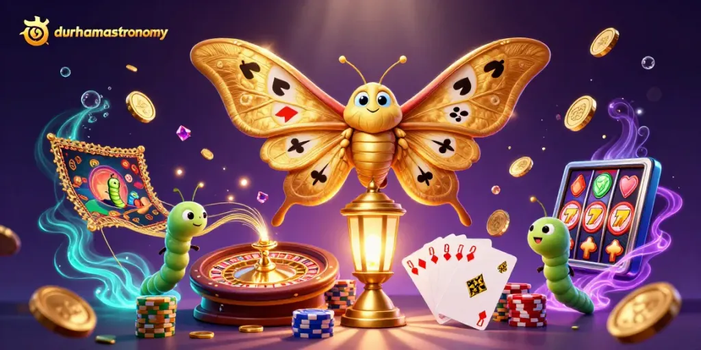 Engage with durhamastronomy's vibrant casino scene featuring a majestic moth and lively gaming elements.