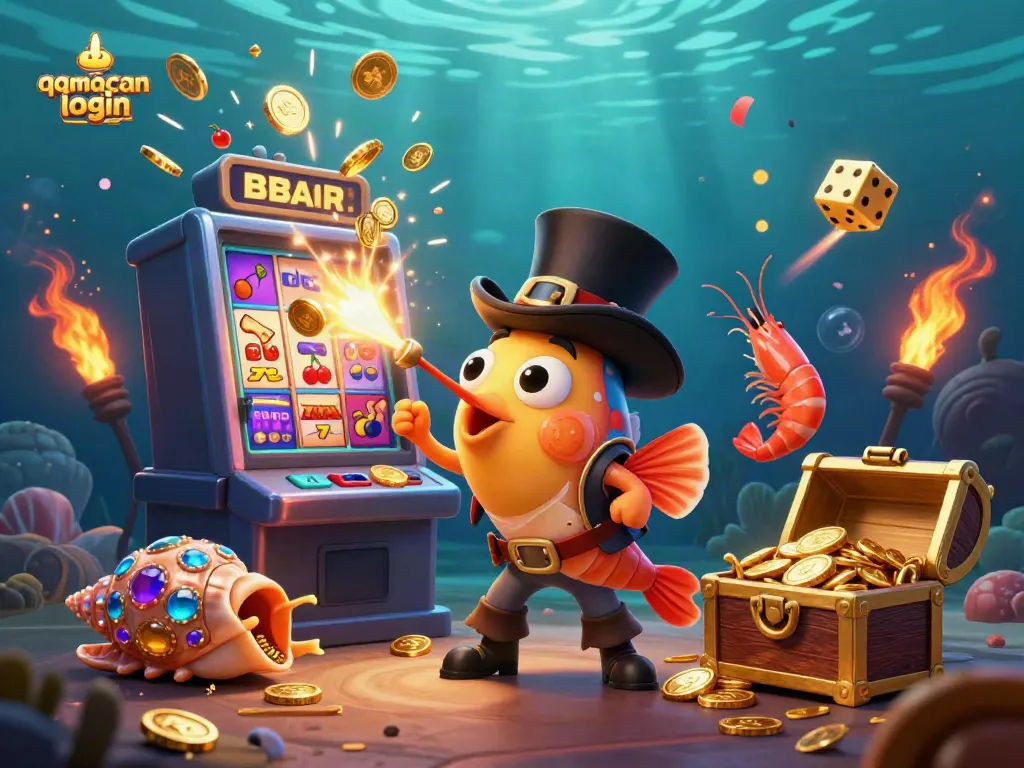Join the action with qqmacan login, featuring vibrant characters and casino elements in a dynamic underwater scene.