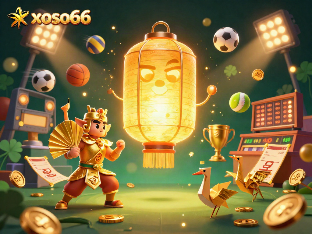 Engage in thrilling gameplay at xoso66 with a stunning 3D casino scene featuring lucky symbols and sports.