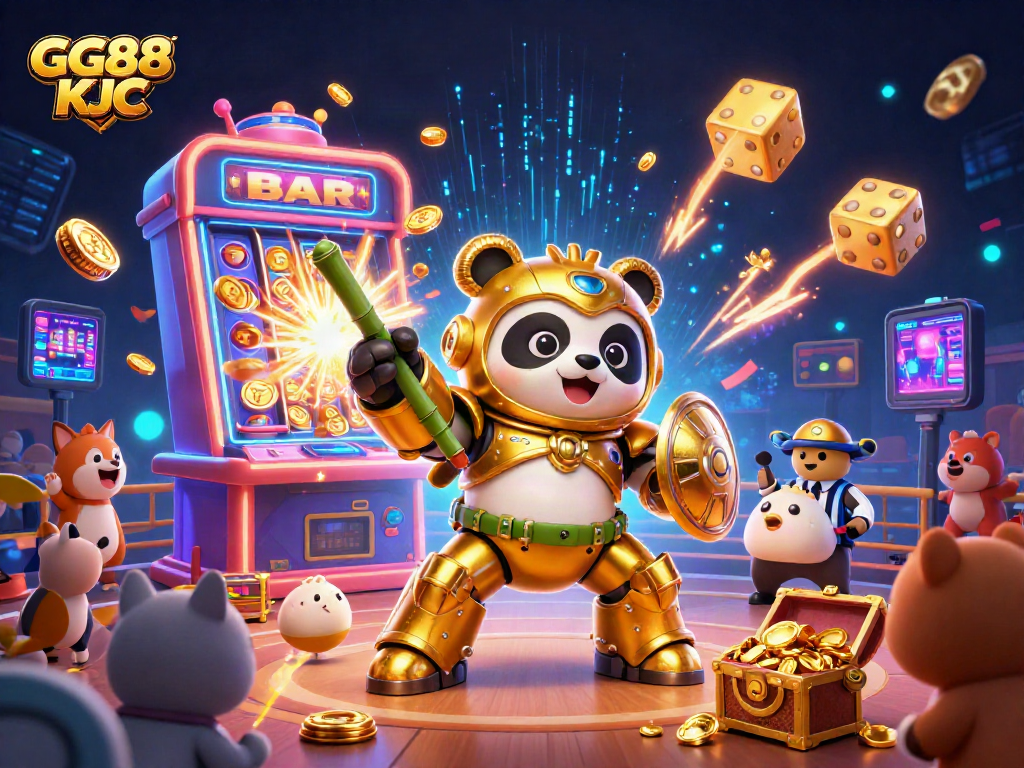 Experience GG88 KJC with a vibrant casino scene featuring jackpots, golden prizes, and dynamic characters.