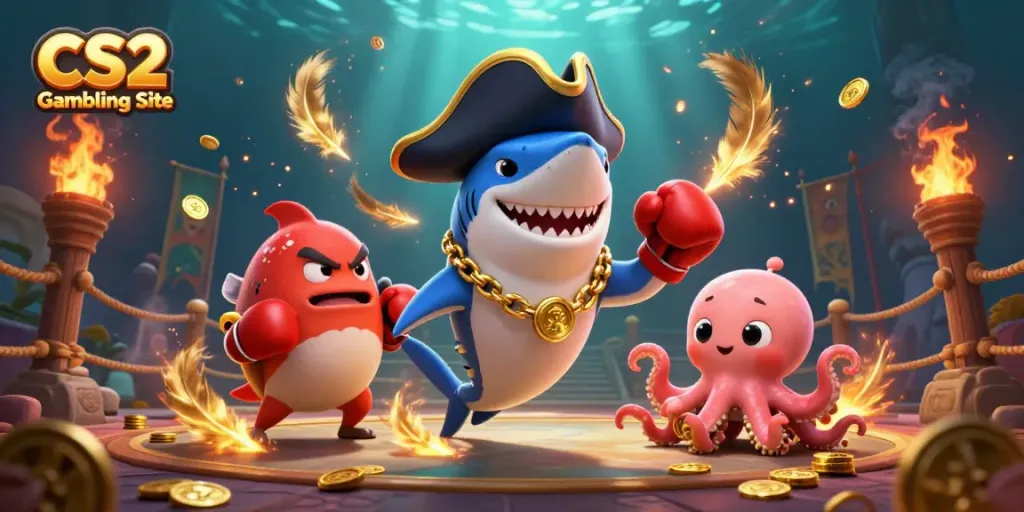 Experience CS2 Gambling Site with a joyful shark captain and friends amidst gold and flames.