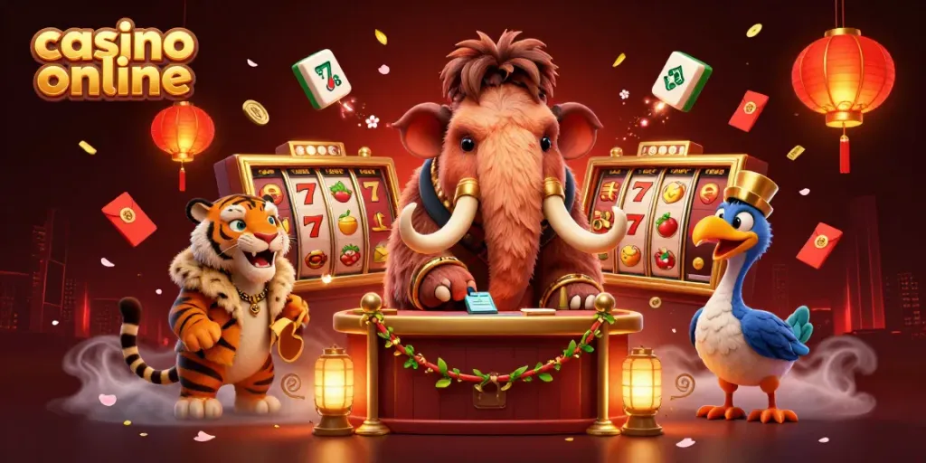 Permainan judi casino online dengan mamut kartun, tamu VIP dan pengawal, dalam suasana meriah.