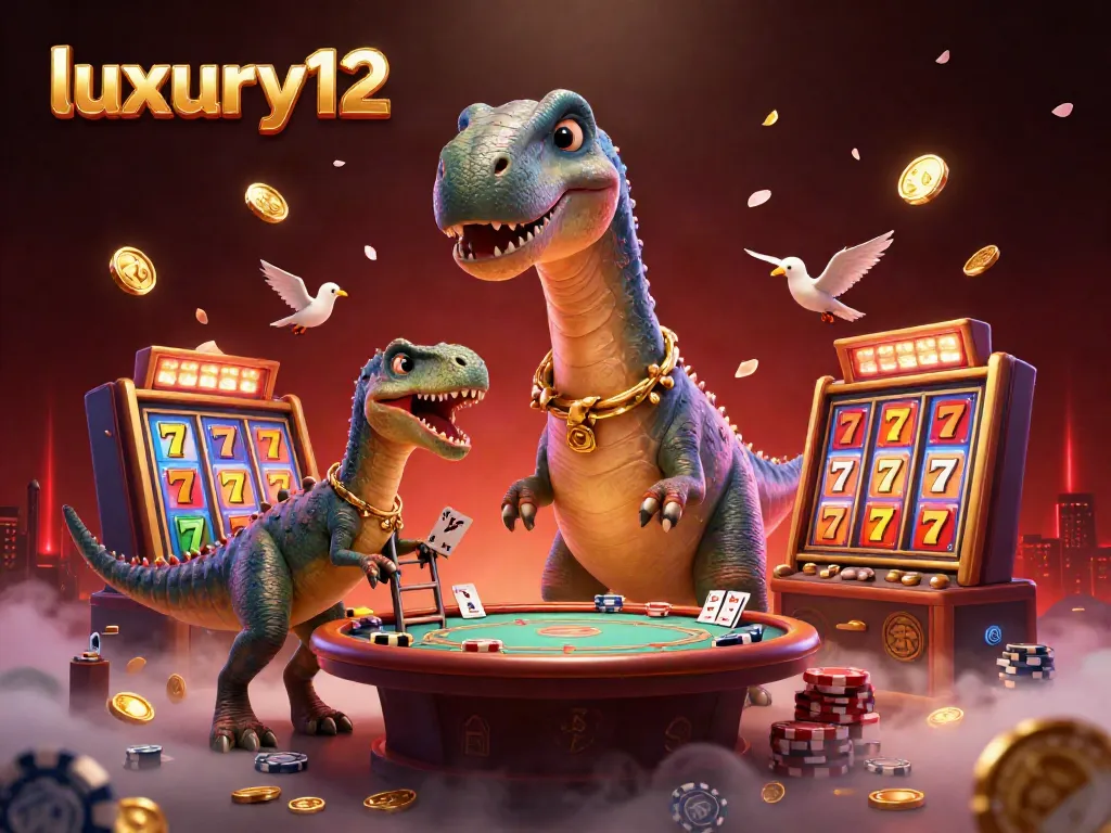 Luxury12 casino scene featuring a tall brontosaurus and clever raptor dealing poker cards.