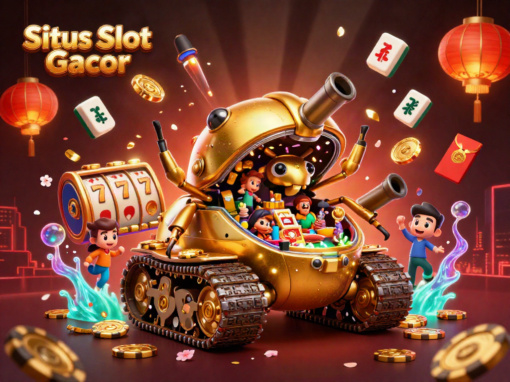 Situs Slot Gacor showcases a vibrant 3D casino scene featuring slot reels, confetti, and golden elements.