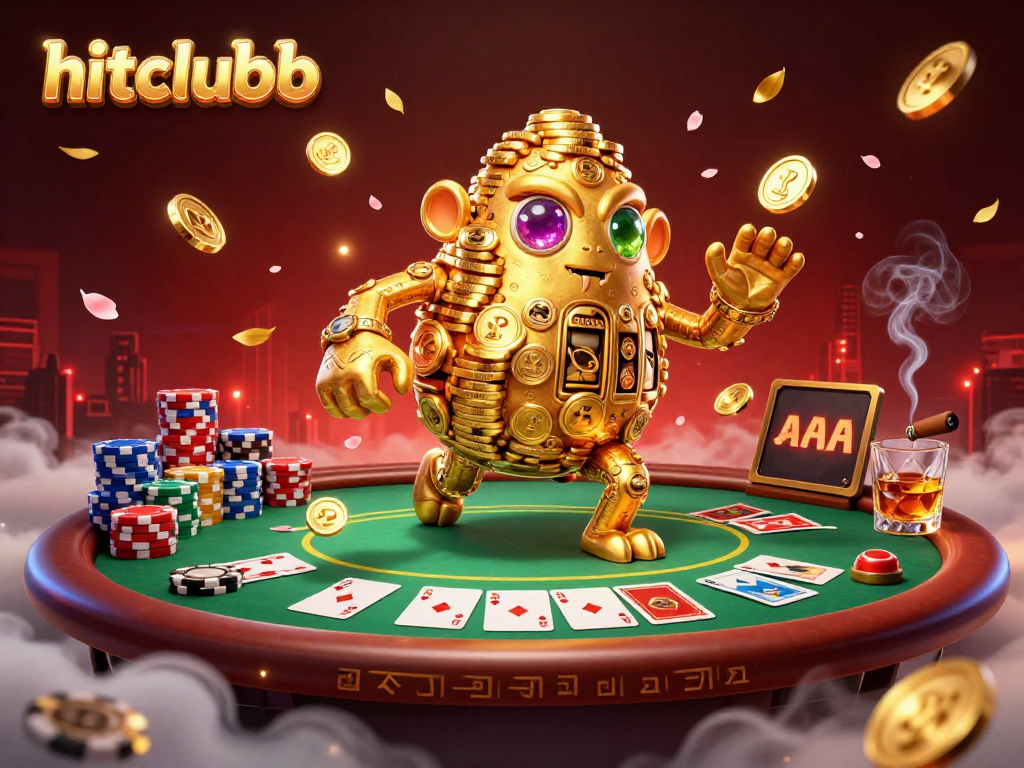 Hitclubb showcases a vibrant 3D golden golem amidst poker elements, enhancing your gaming experience.