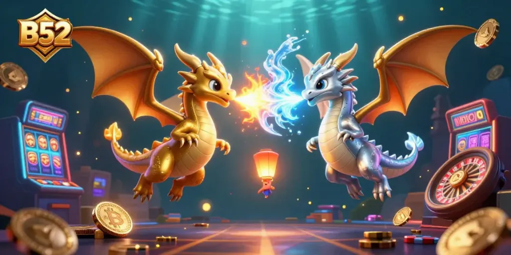B52 delivers exciting casino experiences with vibrant dragons and slot machines in a dynamic scene.