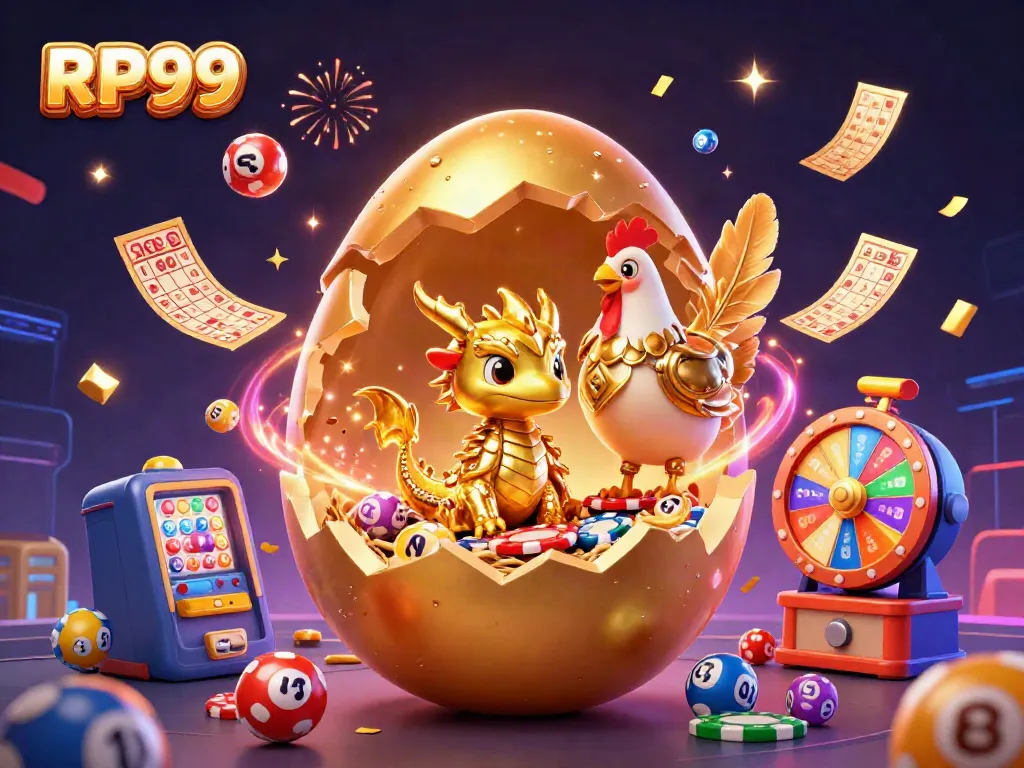 Experience RP99 excitement as a mystical golden dragon emerges from a poker chip nest, surrounded by vibrant lottery elements.