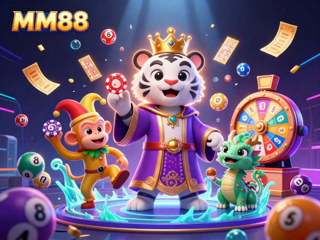 Win big with MM88 at this vibrant casino scene featuring lively characters and games.