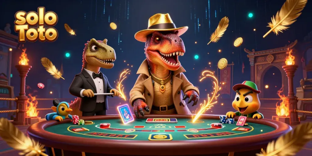 Rasakan keseruan bermain di solo Toto dengan ilustrasi dinamis velociraptor dan stegosaurus di meja blackjack.