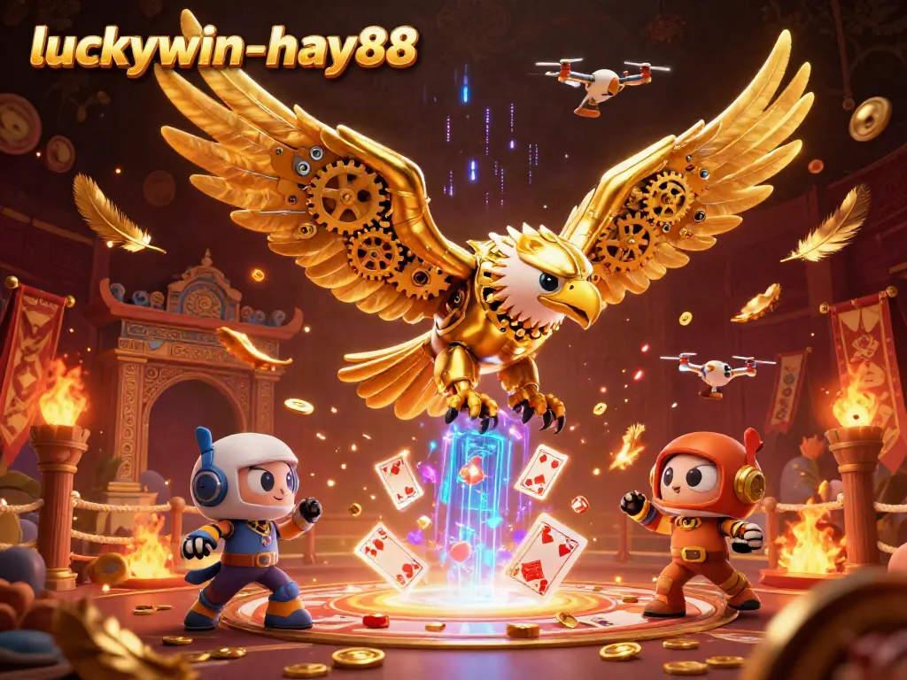 Catch the excitement at luckywin-hay88 with a vibrant scene of a golden eagle amidst dynamic casino elements.