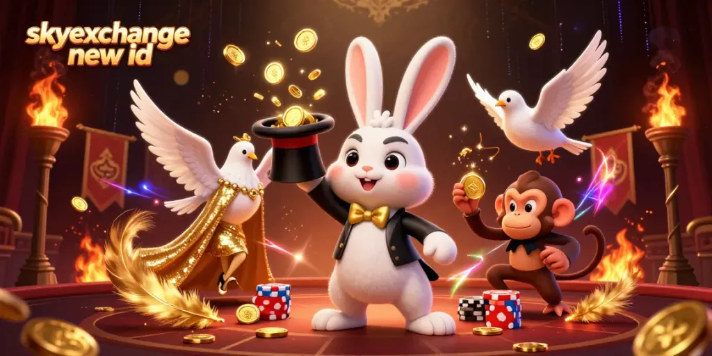 Engage with skyexchange new id in a vibrant casino scene featuring a magician rabbit and playful characters.