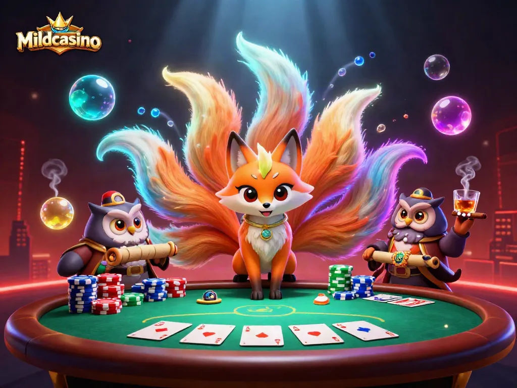 Mildcasino's enchanting poker scene featuring a glowing fox spirit and wise owl amidst colorful game elements.