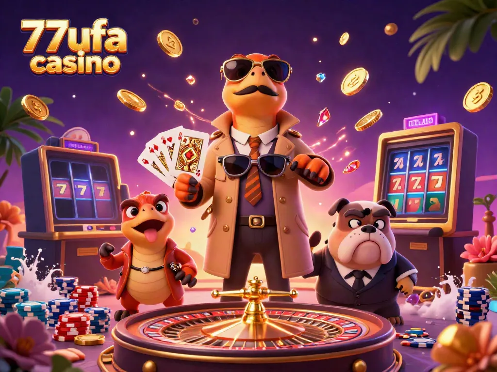 Experience excitement at 77ufa casino with cartoon raptors in a trench coat entering a VIP lounge.
