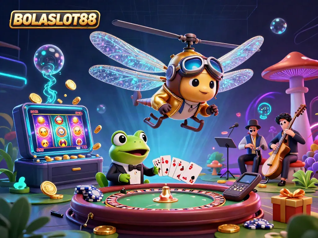 BOLASLOT88 showcased in a vibrant, dynamic casino scene featuring a dragonfly pilot and a frog croupier.