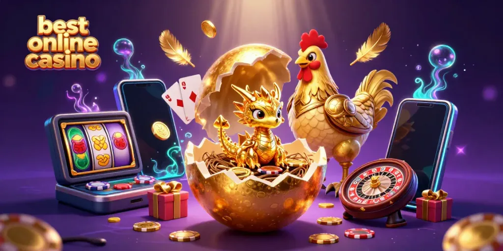 Experience the magic at the best online casino with a dazzling golden dragon and vibrant gaming elements.